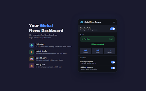 Global News Scraper :: See world news from 100 countries directly in Google search results. Fast parallel fetching, country-level filters.