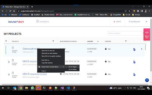 Toluna Start Context Menu :: Extra context menu items for Toluna Start. Currently supporting links to Target and Define from Dashboard and My Projects pages.
