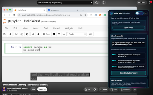 VidraNote :: A YouTube study workspace that captures notes, transcripts, and hides clear distractions.