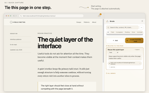 Knote :: Your thoughts, waiting where you left them. Tie a note to any link, and it surfaces the moment you're back on that page.