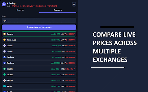ArbiGap: Best Crypto Arbitrage Opportunities & Crypto Spread Broker Scanner :: Live price comparison across exchange plateforms. Flags the tightest spread and biggest cross-exchange gaps in real time.