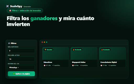 ScaleSpy — Ad Library Spy :: Analiza anuncios de la Biblioteca de Meta: filtra por repetidos y días, descarga creativos y clasifícalos con IA.