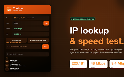 Toolkiya Browser Tools :: Quick access to browser tools — PDF, image, QR code, AI tools, developer utilities, IP checker and speed test. No signup needed.
