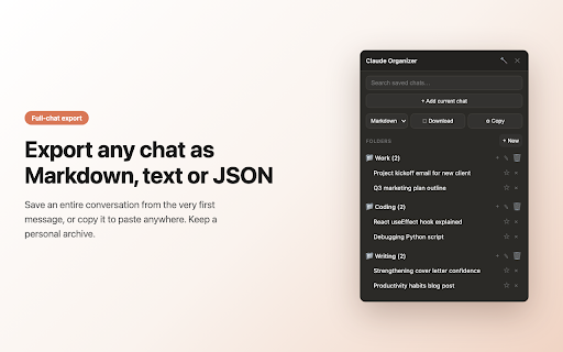Claude Organizer: Folders, Search & Export for Claude AI :: Add folders, search, bookmarks and chat export to Claude.ai. Organize, find and save your Claude AI conversations in one click.