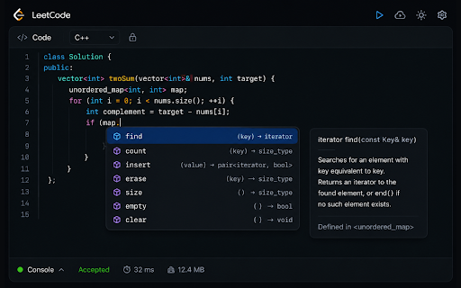 LeetSense: VS Code-like Autocomplete & IntelliSense for LeetCode :: LeetCode autocomplete and IntelliSense for Python, C++, JavaScript, and TypeScript.