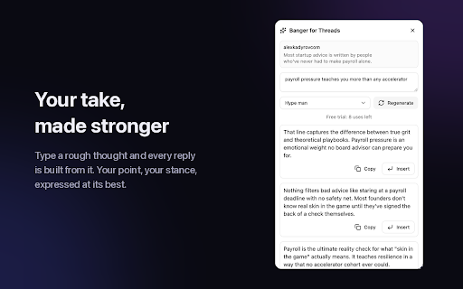 Banger: AI Posts & Replies for Threads :: Turn rough thoughts into bangers. AI replies and posts in your voice that grow your Threads. Bring your own AI key.