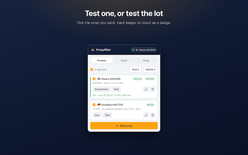 Proxy Switcher & Manager – ProxyPilot :: Proxy switcher for Chrome with HTTP, HTTPS, SOCKS4 & SOCKS5, one-click switching, per-site rules, bulk import and proxy testing.