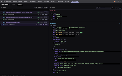 Token Glass :: DevTools extension for inspecting and decoding JWTs in real time. Automatically captures tokens from network requests.