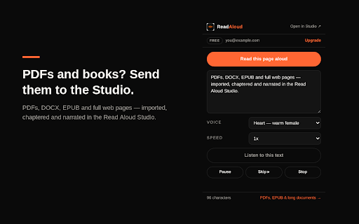 Read Aloud Reader: Read Text Out Loud :: Read any web page or selected text out loud in natural AI voices. Keeps playing while you browse.