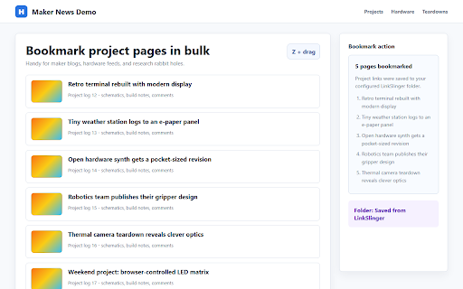 LinkSlinger: Open Multiple Links at Once :: Select multiple links with a drag, then open all in new tabs, copy, or bookmark them at once. Privacy first, open source.