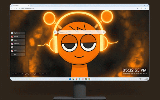 Incredibox Sprunki Oren Black Live Wallpaper :: Orange cartoon character with glowing headphones and half-closed eyes on dark backdrop.