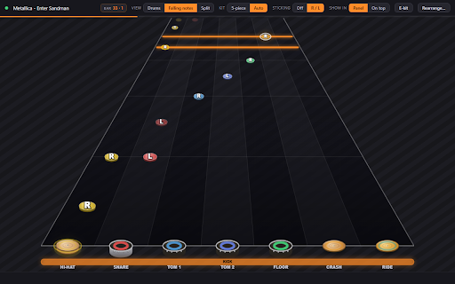 Drum Visualizer for Songsterr :: See Songsterr drum tabs as a live drum kit or falling notes - in sync with playback, showing which drum to hit.