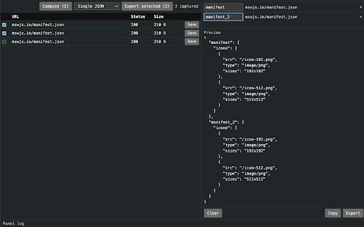 JSON Grabber (local dev tool) :: Captures JSON network response bodies from the DevTools network log and exports them as files. Local, unpacked, read-and-save only.