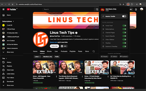 Youtube Members-Only Video Hider :: Intercepts and completely scrubs members-only video payloads natively. Ultra-fast and lightweight.