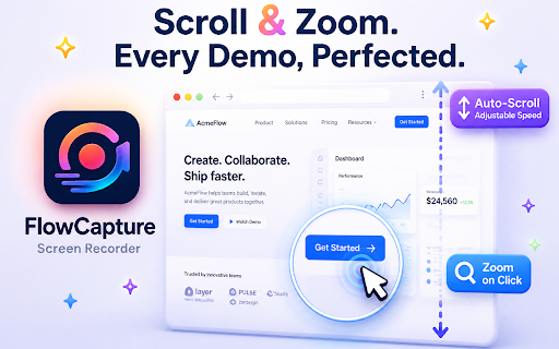 FlowCapture - Screen Recorder + Green Screen :: Smooth scrolling screen recorder with green-screen webcam. Record demos and export MP4, GIF, or MP3 — 100% on-device.