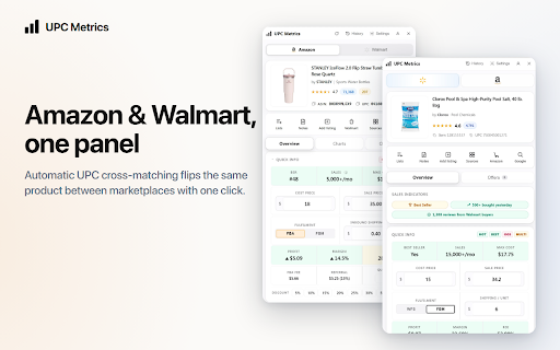 UPC Metrics — Amazon & Walmart Sourcing :: Amazon + Walmart sourcing analysis: profit calc, price history, BSR tracking, seller intelligence, UPC cross-matching.