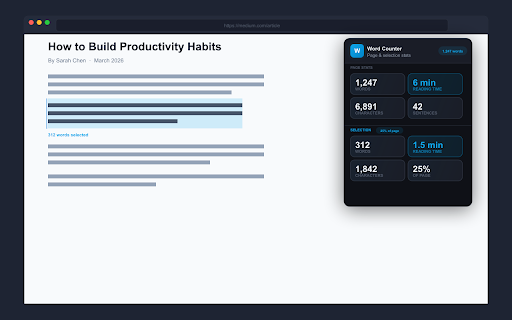 Word Counter :: Word counter & reading time estimator. See word count, character count, and text stats for any page or selection.