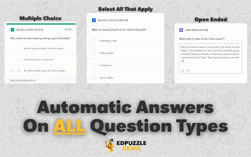 EdPuzzle Genie – Edpuzzle Answers & Auto Solver :: Auto-answer Edpuzzle assignments: AI reads the video transcript, writes open-ended answers, speeds up and plays in background.