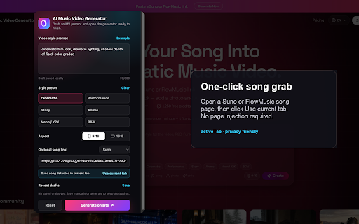 AI Music Video Generator :: Turn any song into a cinematic AI music video. Paste a Suno or FlowMusic link, pick a style, generate online.