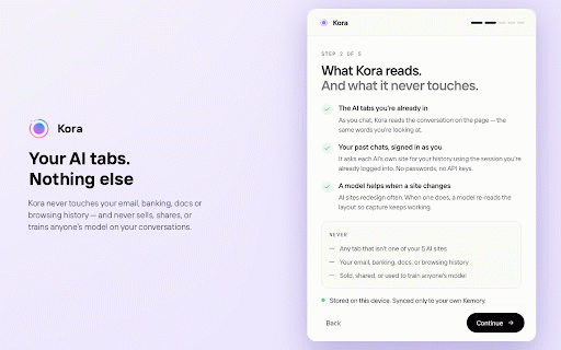 Kora for Chrome :: One memory for every AI. Kora captures your ChatGPT, Claude, Gemini, Perplexity & Manus chats so you can search and continue them.