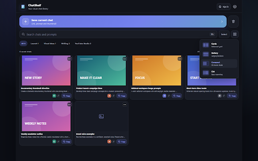 ChatShelf for AI Chats :: Save AI chats, prompts, links, URLs, and visual thumbnails in a calm Chrome sidebar.