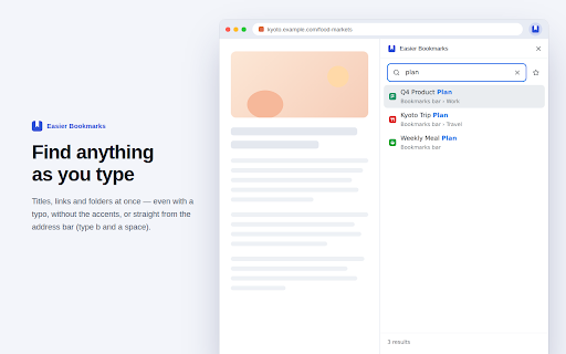 Easier Bookmarks :: Bookmarks in Chrome's side panel and address bar (type b + space). One-click save to the right folder. Sends nothing anywhere.
