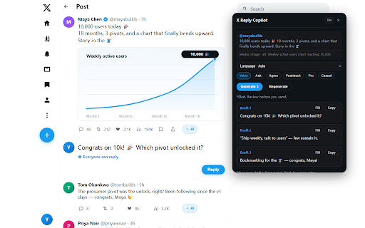X Reply Copilot – AI Reply & Comment Assistant for X/Twitter :: AI reply & comment assistant for X/Twitter. Context-aware Chinese & English draft replies you edit before posting.
