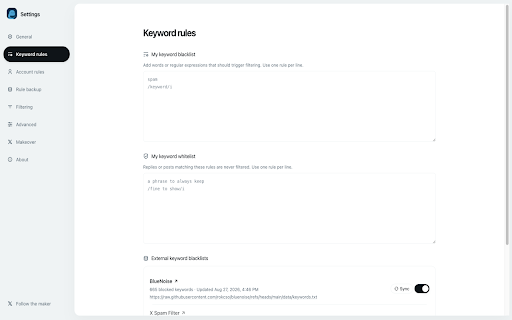 BlueNoise - Make X readable again :: Make X readable: locally blur or hide noisy replies, timeline posts, and ads; optional page cleanups; no cookies or account changes.