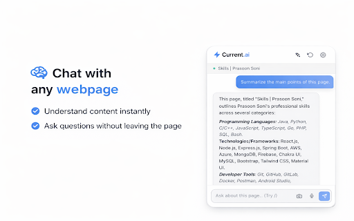 Current.ai :: Chat with any webpage using AI. Ask questions, get summaries, and analyze content in real-time — powered by Gemini.