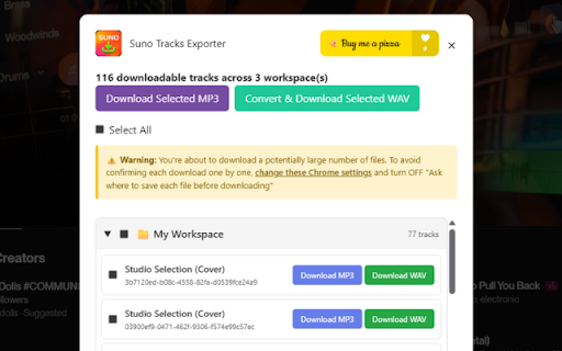 Suno Tracks Exporter :: Quickly export your Suno tracks from each workspace as MP3 or WAV files with metadata