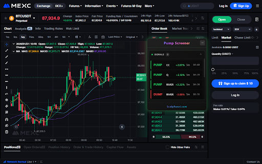Pump Screener for MEXC Futures :: Pump and dump screener for MEXC Futures. Free monitoring of 5 trading pairs (BTC, ETH, SOL, XRP, BNB). Sound and visual alerts.