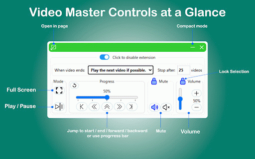 Video Master :: Hidden video controls? Master any video on any website. Adjust volume, stop loops, auto-play the next video, fullscreen and more.