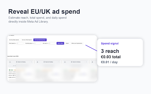 Hooksy: Facebook Ad Library Spy, Spend & Save Ads :: Facebook Ad Library spy tool to save ads, reveal EU/UK ad spend, filter creatives, and track competitor brands.
