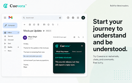 Cuevera: ADHD, Autism & Neurodivergent Workplace Reading Assistant :: Workplace communication assistant for neurodivergent adults: understand subtext and check how your own messages may come across.