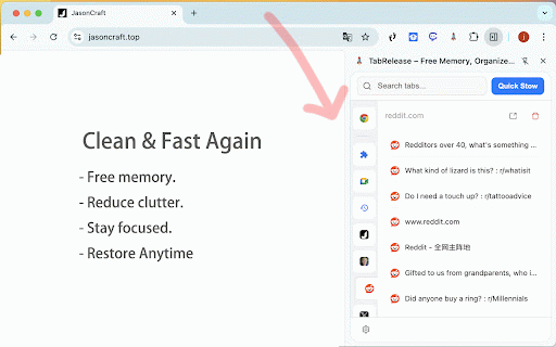 TabRelease – Free Memory, Organize Tabs :: Clean up your tabs into a side panel and free up memory.