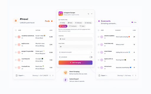 Instagram Scraper - Posts, Hashtags & More :: Free Instagram scraper. Export profiles, posts, followers, hashtags & comments to CSV or JSON instantly.