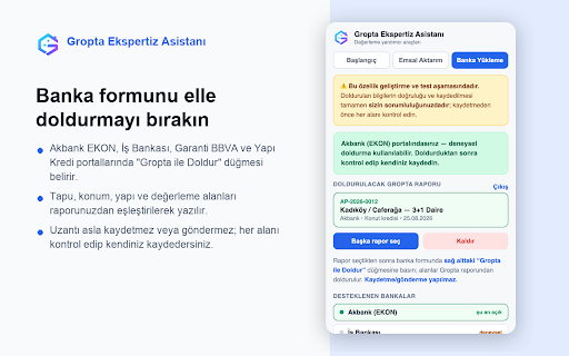 Gropta Ekspertiz Asistanı :: Değerleme uzmanları için: emsal aktarımı, TKGM/NVİ/EKB resmî sorgu görüntüleri, banka ekspertiz formlarını Gropta'dan doldurma.