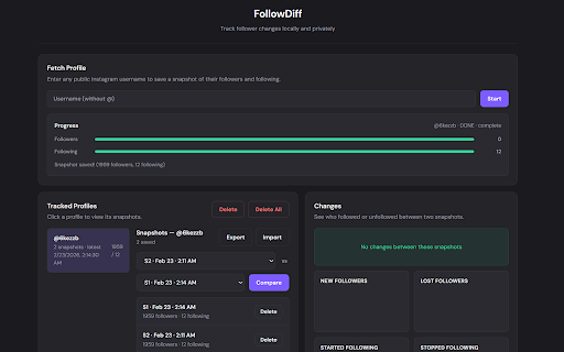 FollowDiff :: Track Instagram follower and following changes locally.
