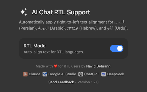 AI Chat RTL Support :: RTL support for AI chats like ChatGPT, Claude, Google AI Studio & DeepSeek. Better readability for Persian, Arabic, Hebrew & Urdu.