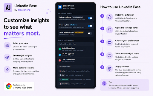 LinkedIn Ease :: Universal LinkedIn job enhancer: Industry, Company Size, Applicant counts, and Posting time across all LinkedIn pages.
