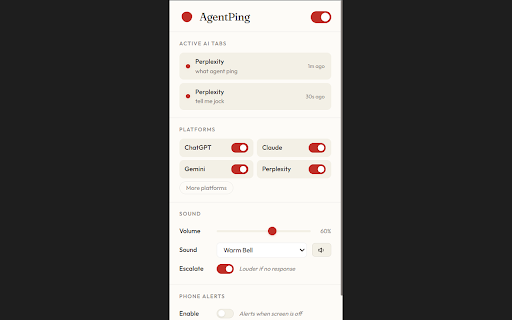AgentPing :: Get alerts when supported AI tabs finish responding, with sound, desktop, and optional phone notifications.