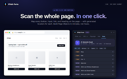 XPath Finder & CSS Selector Generator – XPath Forte :: XPath finder, CSS selector & Playwright locator generator. Element inspector with stability scoring for Selenium automation testing.