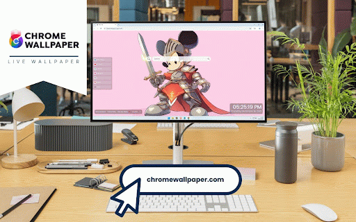 Mickey Mouse Knight with Sword Live Wallpaper :: Mickey Mouse in shining knight armor wielding a glowing sword on magical pink background.