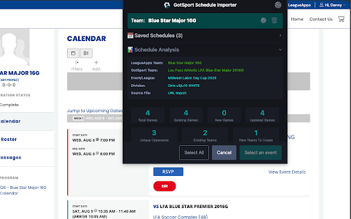 GotSport Schedule Importer :: Easily import GotSport schedules (XLSX) into LeagueApps with automated team creation and location mapping.