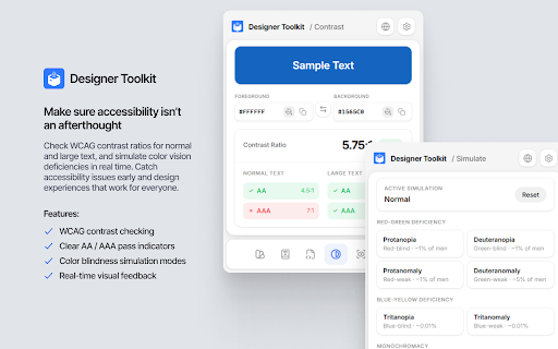 Designer Toolkit :: Toolkit for designers and developers. Pick colors, grab fonts, check WCAG contrast, simulate color blindness and more.