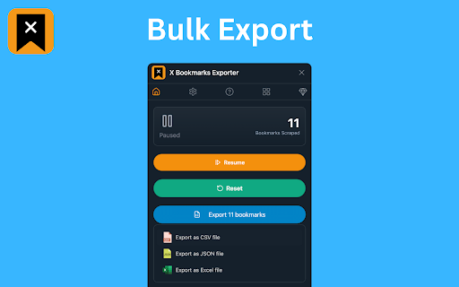 X Bookmarks Exporter - Export Twitter Bookmarks :: Download X (Twitter) bookmarks instantly as CSV, JSON, or XLSX. One-click export for backup, offline access, or sharing.