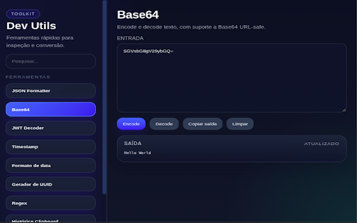 Dev Utils :: Coleção de utilitários para desenvolvedores: JSON, Base64, JWT, hash, regex, timestamp, API tester e mais.