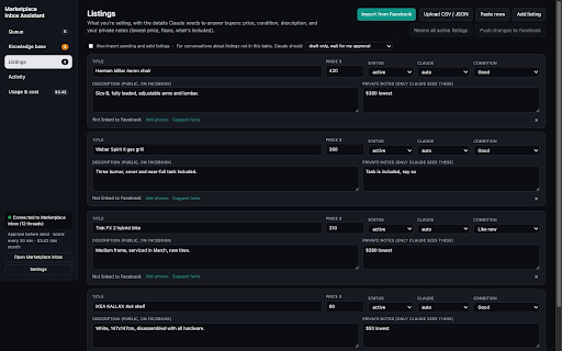Marketplace Inbox Assistant :: Triage your Facebook Marketplace messages, see what needs you, and reply in your own words from your own knowledge base.