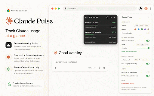 Claude Pulse - Daily & Weekly Usage Tracker :: Claude.ai usage dashboard with live limits, reset countdowns, burn rate, history, and overlay. Your data stays in-browser.