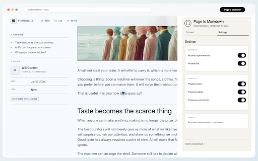 Page to Markdown by StarterBuild :: Turn any webpage or selection into clean Markdown for AI, notes, and documentation.